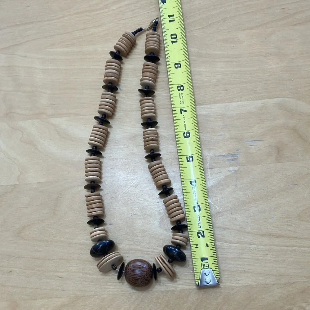 80’s Vintage Necklace‎ wood disk and and rounds, 3 different woods and shades